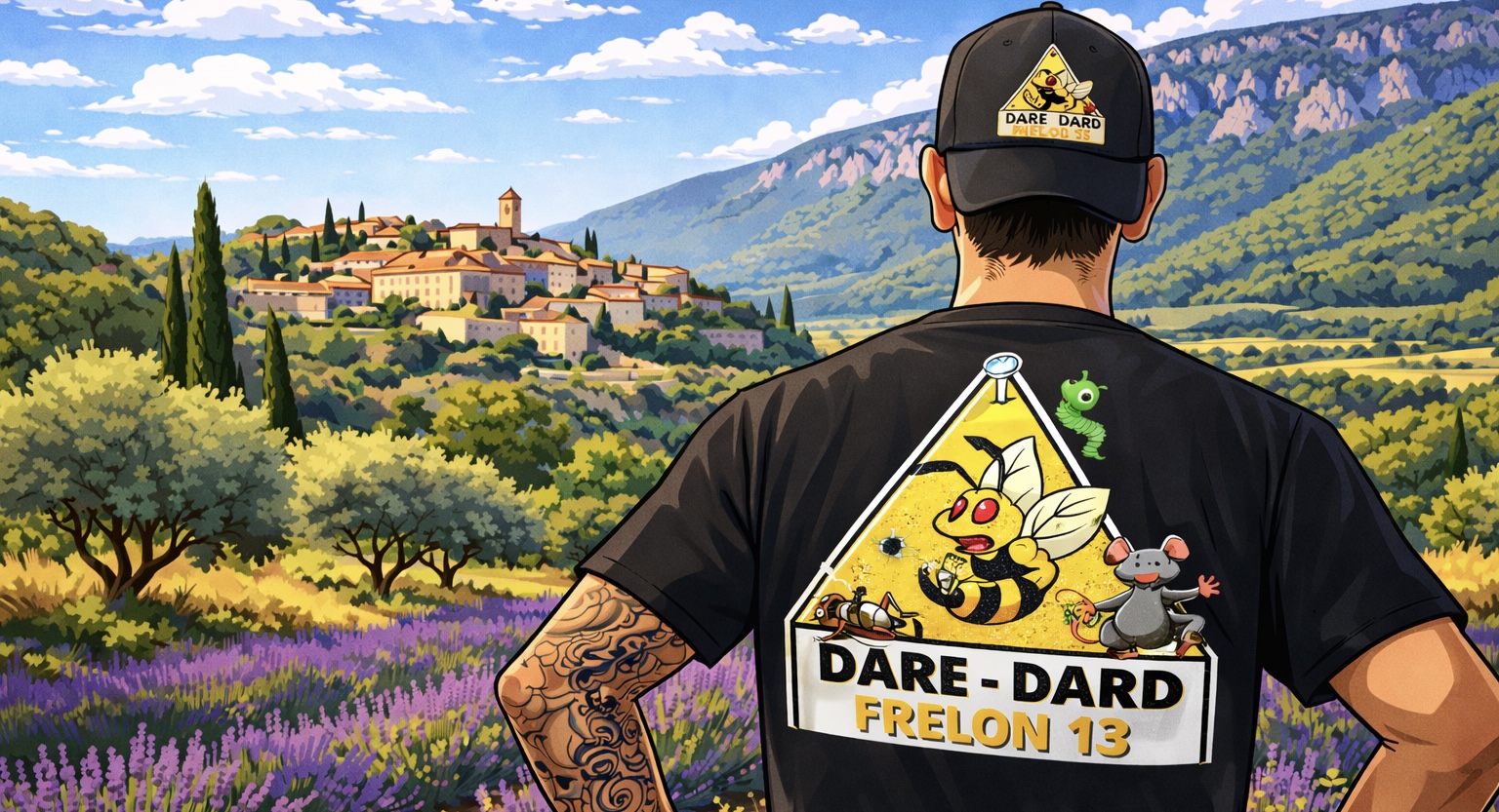 Illustration de Guillaume portant le t-shirt Dare – Dard Frelon 13 devant un village provençal et les montagnes