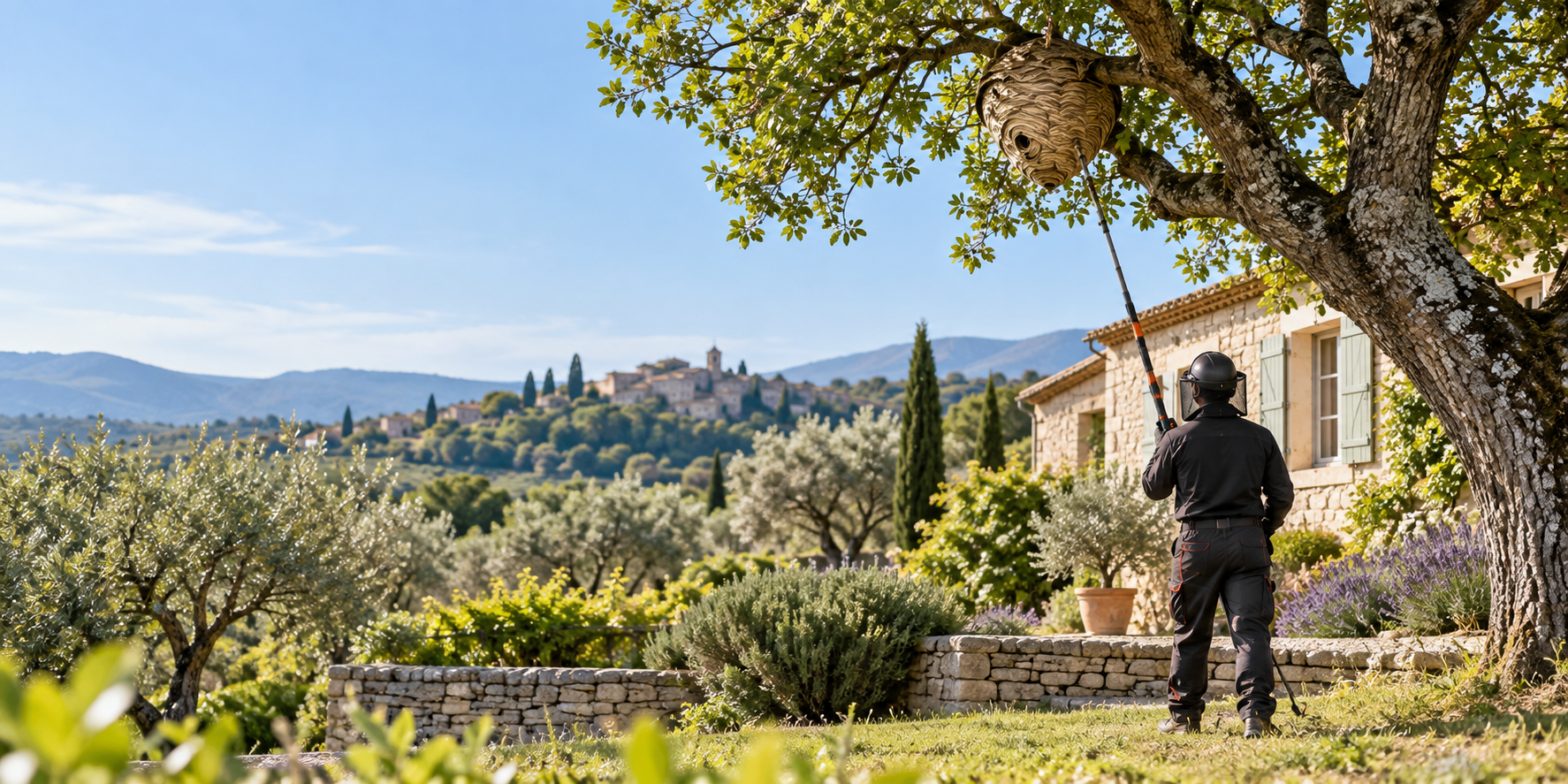 Intervention sur un nid de frelons dans un jardin provençal